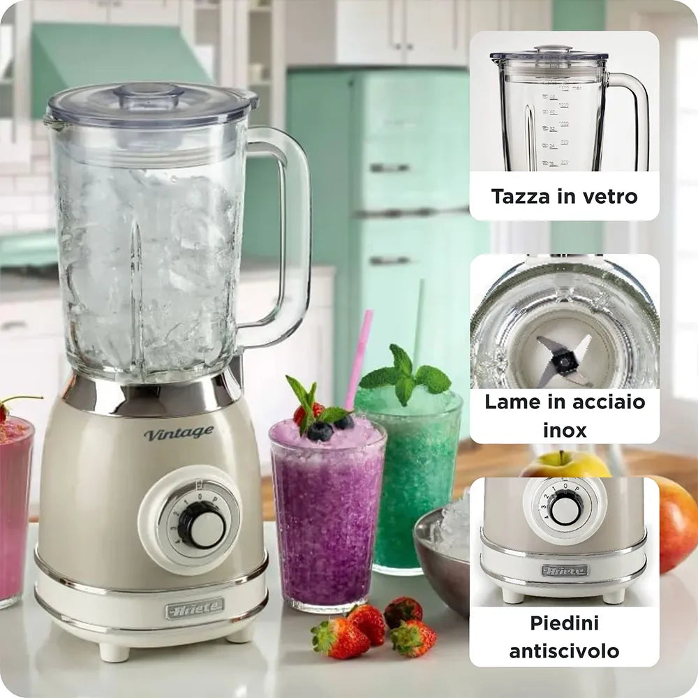 Ariete Vintage Glass Blender 1000W – Blue, Beige & Green